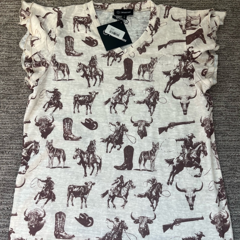 Women's Western Print Ruffle Sleeve Blouse - Cream and Brown
